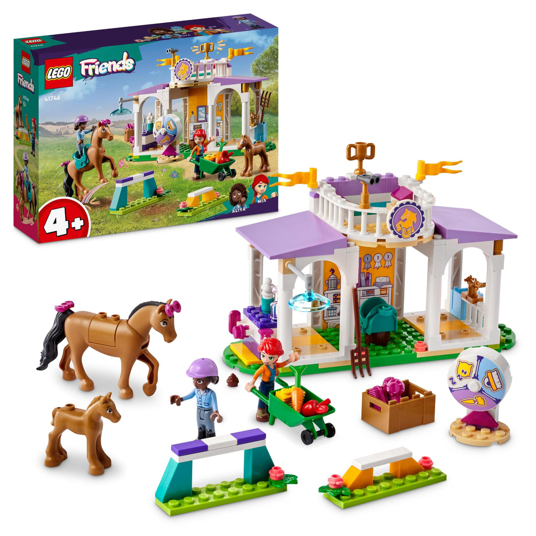 LEGO Friends Reitschule Set mit 2 Spielzeug-Pferden, Aliya und Mia Mini-Puppen, Reitstall- und Pferd