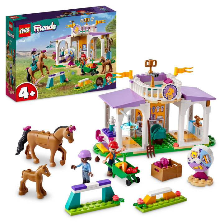 LEGO Friends Reitschule Set mit 2 Spielzeug-Pferden, Aliya und Mia Mini-Puppen, Reitstall- und Pferd
