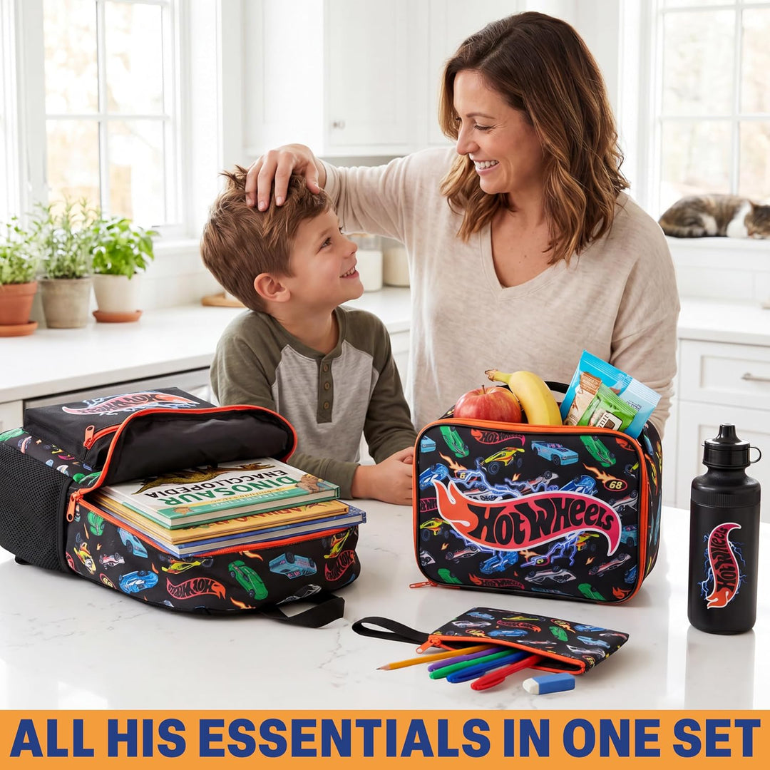 Get Trend Hot Wheels Rucksack Kinder 4er Set, Kinderrucksack mit Federmäppchen, Isolierte Lunchtasch