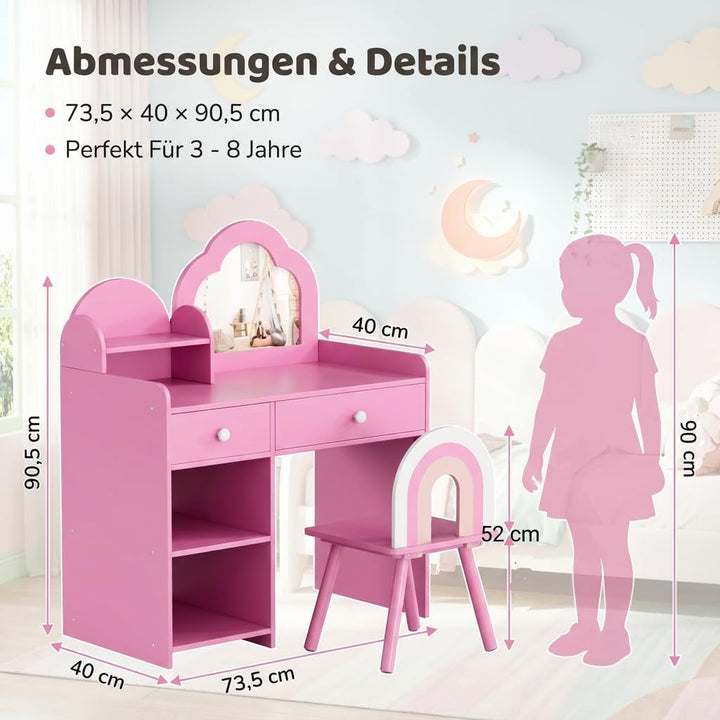 Clevich Schminktisch Kinder Set, 2 in 1 Kinderschminktisch mit Spiegel, 2 Schubladen, Schliessfächer