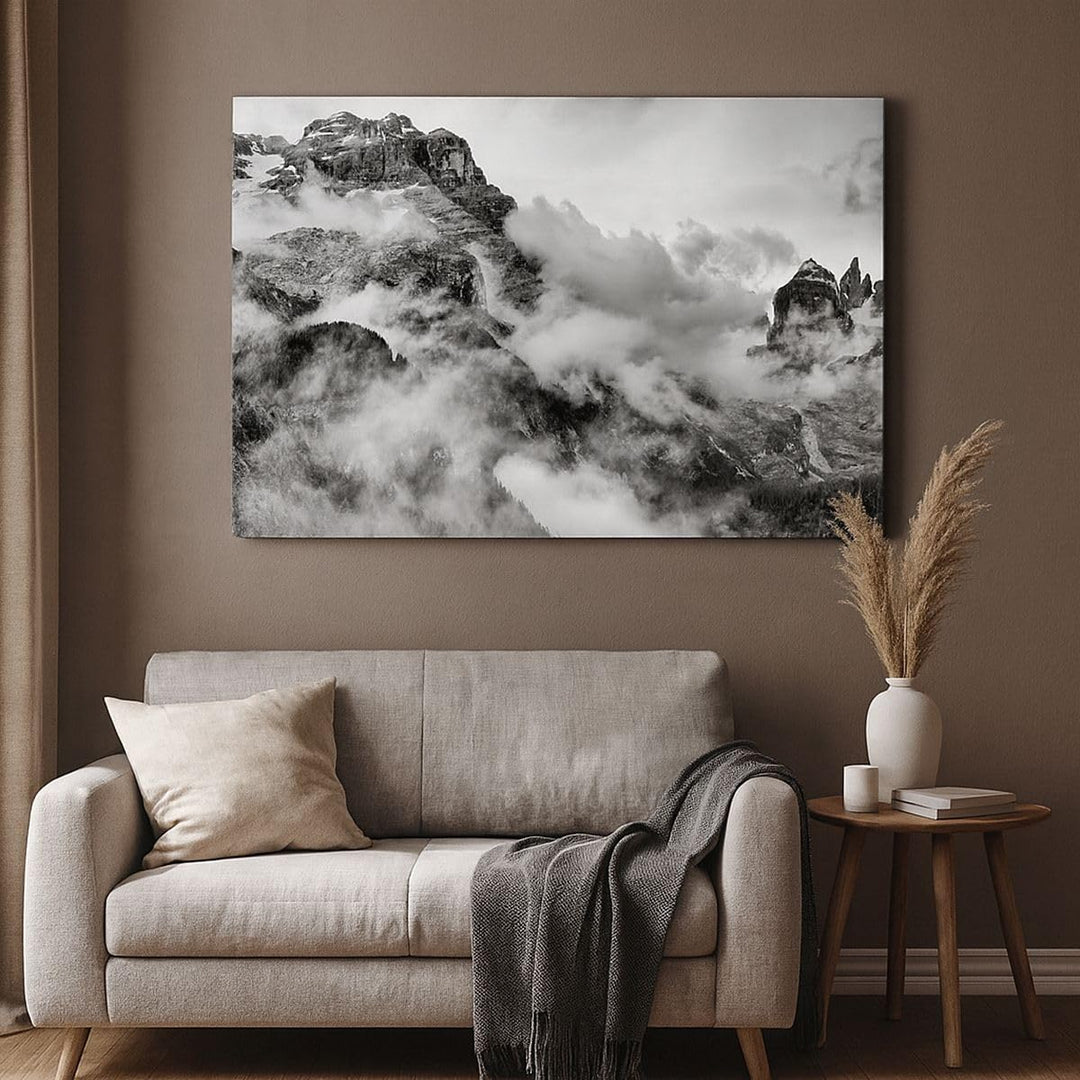 Bilder auf Leinwand 100x70cm Leinwandbild mit Rahmen Berge Nebel Gipfel Gross Wanddeko Bild Schlafzi