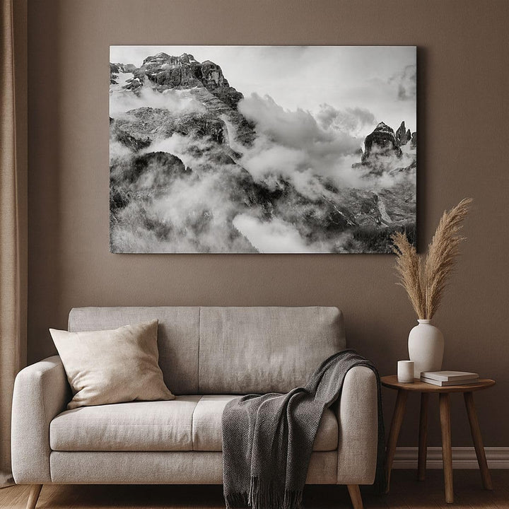 Bilder auf Leinwand 100x70cm Leinwandbild mit Rahmen Berge Nebel Gipfel Gross Wanddeko Bild Schlafzi