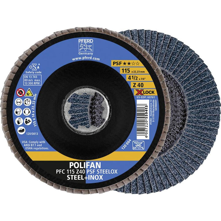 PFERD Fächerscheibe POLIFAN, 10 Stück, 115mm, Z40, X-LOCK (22,23 mm), PSF STEELOX, 67664116 – für ho