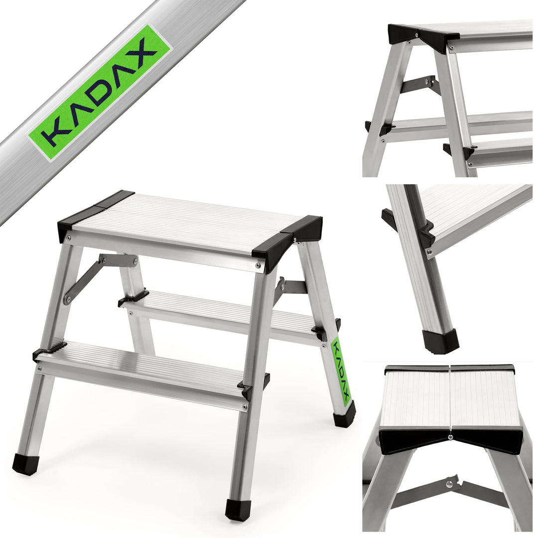 KADAX Trittleiter aus Aluminium 2 Stufen, Klapptritt bis 125kg, Stufenleiter mit Antirutschstufen, S