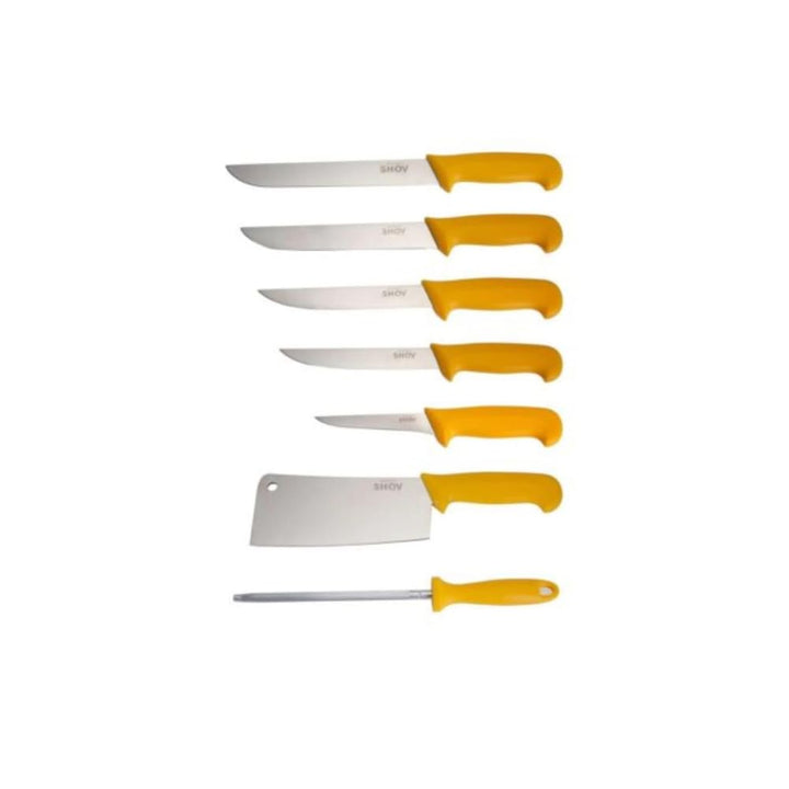 Shov Metzgermesser-Set 7 tlg. Fleischermsser mit Hackbeil und Wetzstahl rostfreier Edelstahl, ergo-g