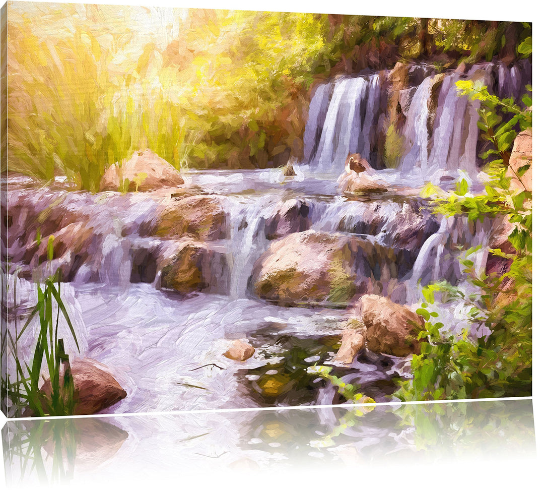 Pixxprint Wasserfall / 100x70cm Leinwandbild bespannt auf Holzrahmen/Wandbild Kunstdruck Dekoration,