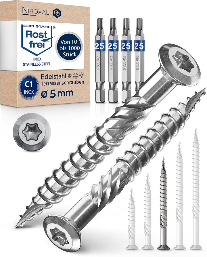 1000 Stück Terrassenschrauben 5 x 60 mm lang | PERFEKT für 25 mm Terrassendielen | rostfreier gehärt