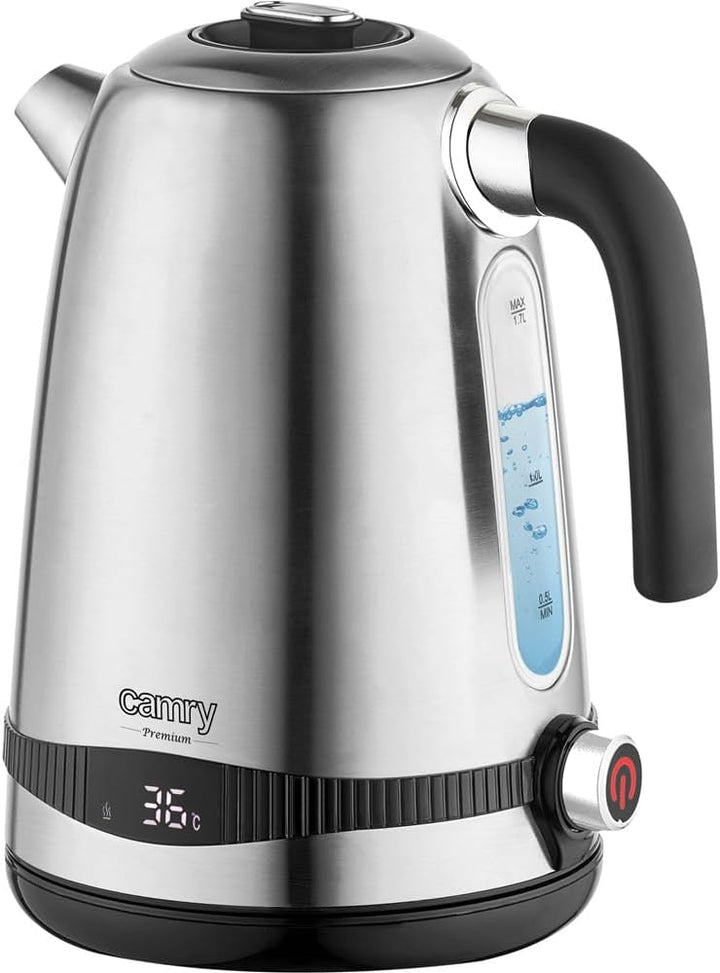 CAMRY CR 1291 Wasserkocher aus Edelstahl, 1,7L, Maximalleistung 2200 W, LCD-Temperaturanzeige, Kalkf
