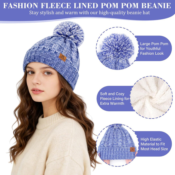 Bequemer Laden Damen Winter Warm Pompom Mütze Touchscreen Handschuhe Lang Schal Set mit Fleece Gefüt
