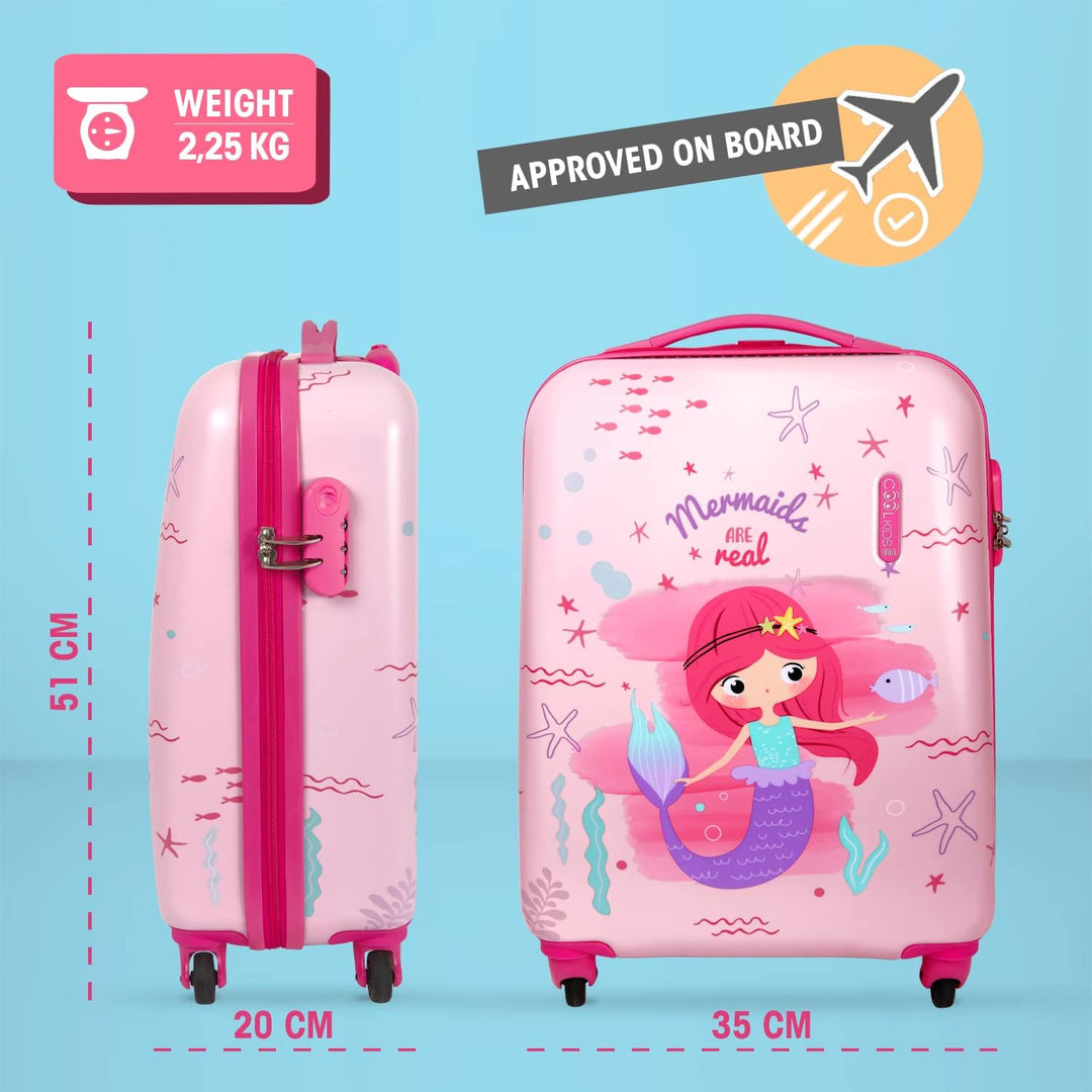 Meerjungrau Koffer Pink für Kleine Mädchen - Kinder Trolley Handgepäck 4 Rollen - Rosa Hartschalen C