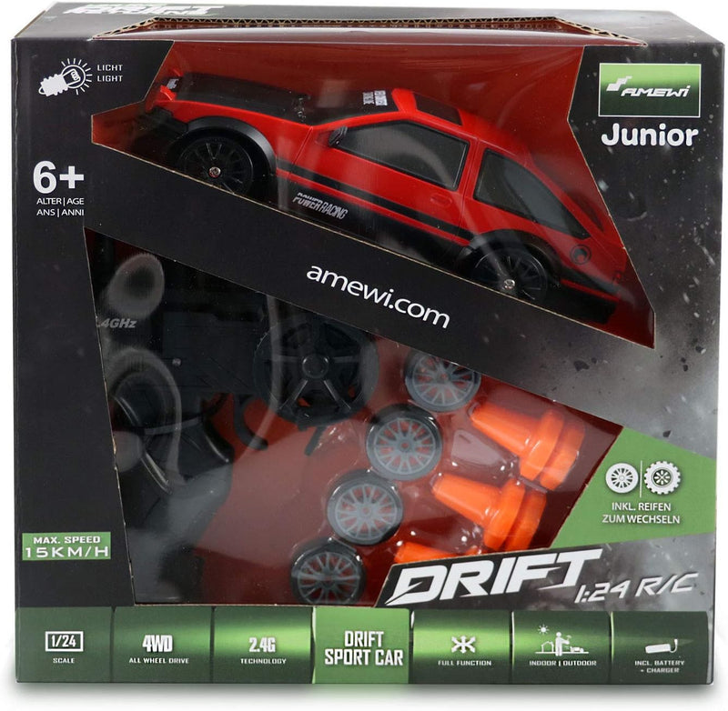 AMEWI 21083 Drift Sport Car 1:24 rot, 4WD 2,4 GHz Fernsteuerung, Rot/Schwarz, Rot