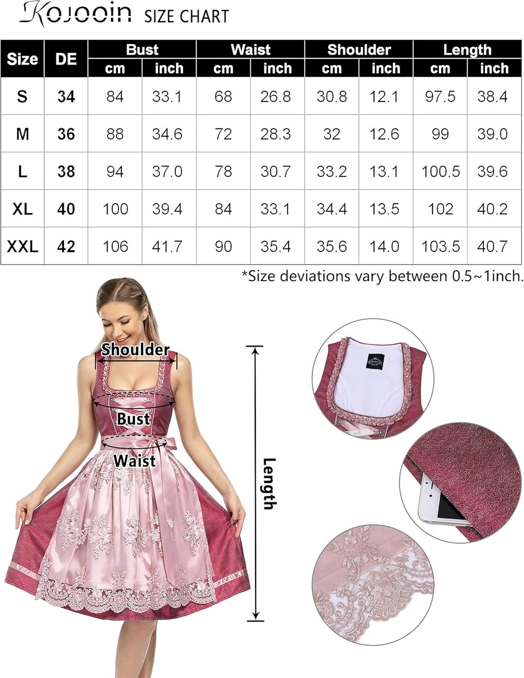 KOJOOIN Trachtenkleid Dirndl Kurz Damen Midi für Oktoberfest 3tlg.- DREI Teilig: Kleid, Bluse, Schür