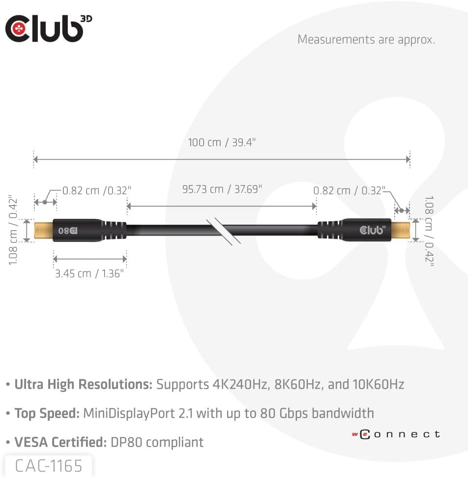 Club3D CAC-1165 MiniDP™ auf MiniDP™ DP80 Bidirektionales Vesa-zertifiziertes Kabel 1m 1 metro / 3.28