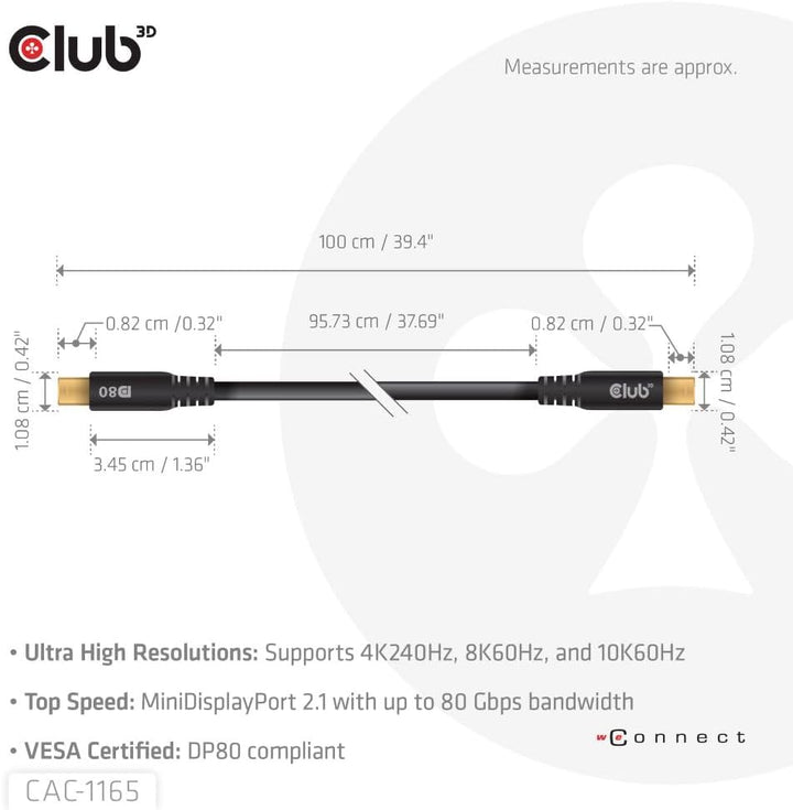 Club3D CAC-1165 MiniDP™ auf MiniDP™ DP80 Bidirektionales Vesa-zertifiziertes Kabel 1m 1 metro / 3.28