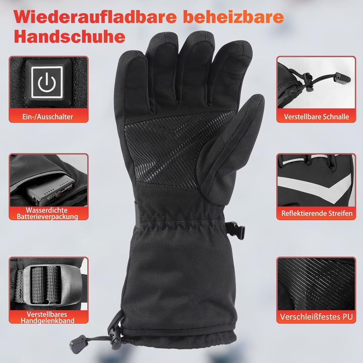 Beheizbare Handschuhe Herren Damen,Beheizte Handschuhe mit 7.4V/2×5000mAh Wiederaufladbare Akkus, 4