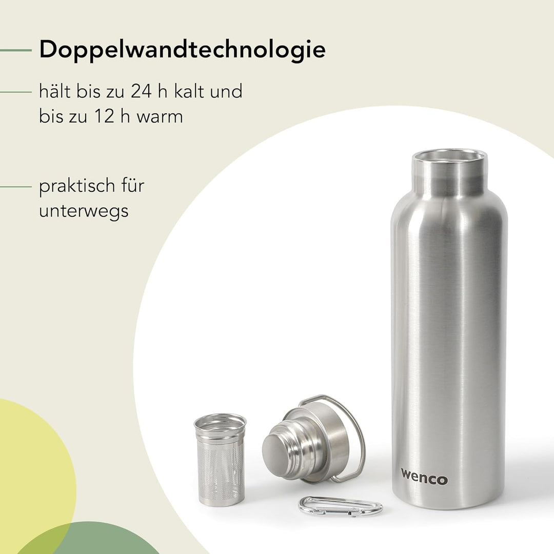 wenco Trinkflasche Edelstahl 0,75l / 750ml isoliert und auslaufsicher für kalte und heisse Getränke