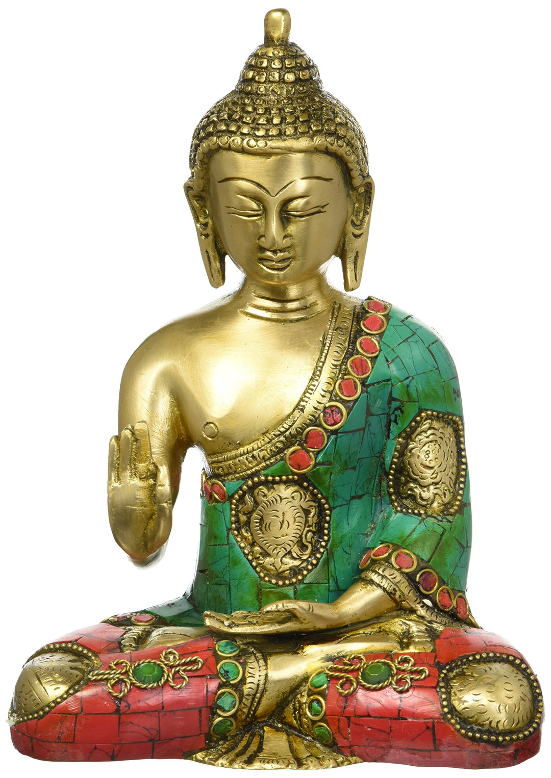 craftvatika 20,3 cm Grosse Buddha Statue, Messing Metall Antik Buddha Skulptur Coral Türkis Edelstei