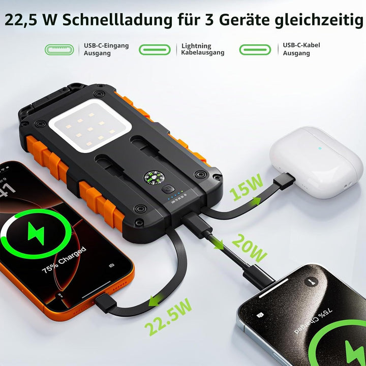Solar Powerbank 10000mAh, 2 integrierte Kabel, USB-C PD 22.5W