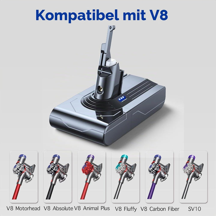 V8 Akku, 6000mAh Ersatzakku für Dyson V8 Absolute Animal Exclusive Fluffy Motorhead SV10 Original Co