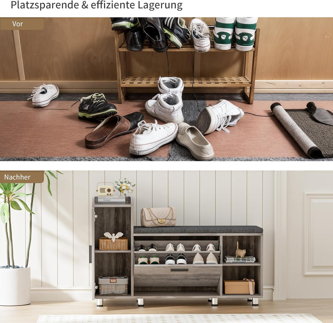 Schuhbank mit Sitzfläche, Klappfach mit Verstellbarer Trennwand, Höhenverstellbar, Schuhschrank mit