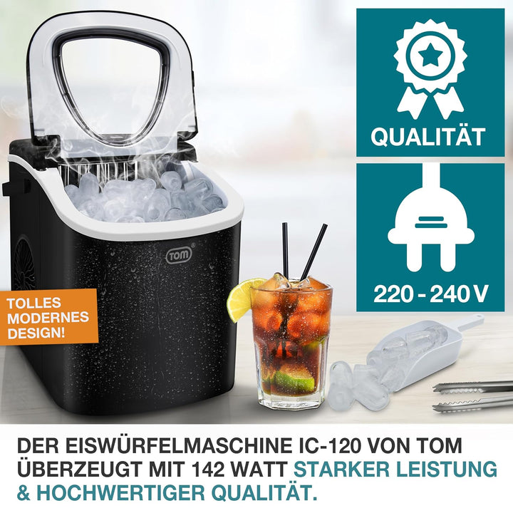 TOM Eiswürfelmaschine – 9 Eiswürfel in 6-8 min – 12 kg/24 h – 2 Würfelgrössen – Ice maker Eiswürfelm