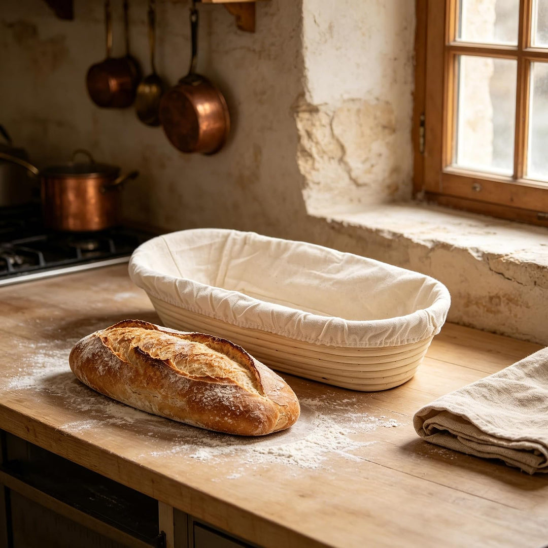 Ovaler Gärkorb 35x15x8 cm aus Rattan mit Leineneinsatz | Banneton Brotgärkörbchen für Sauerteig, nat