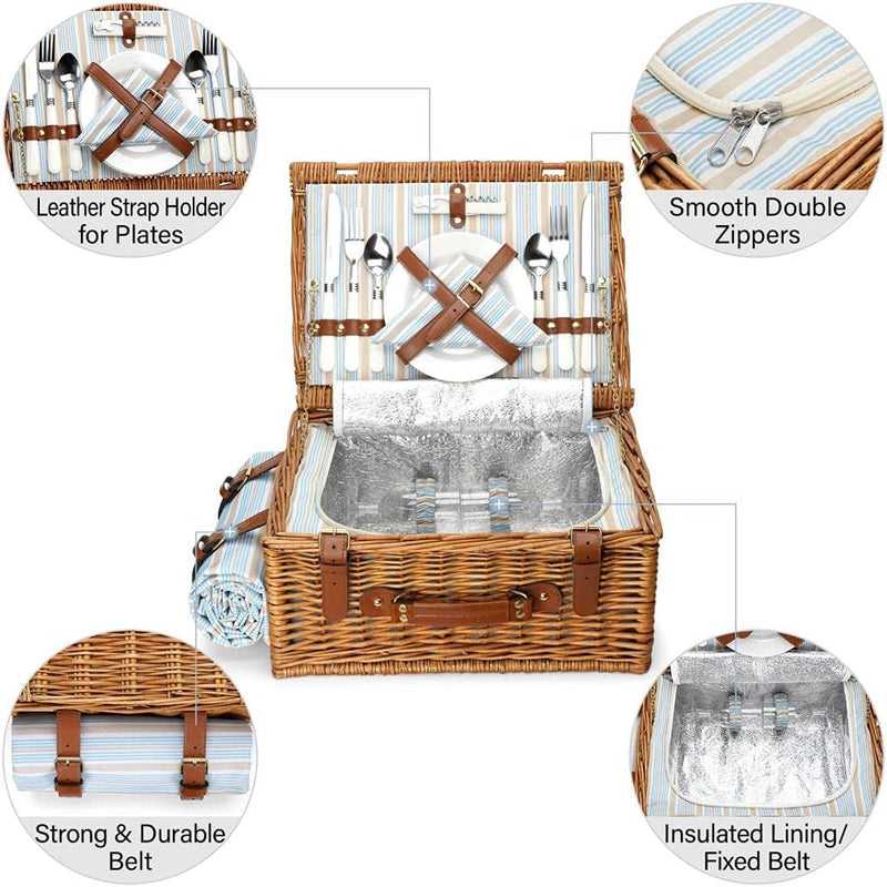 Picknickkorb Set für 2 Personen, Weidenkorb mit grossem isoliertem Kühlfach, wasserdichter Decke und