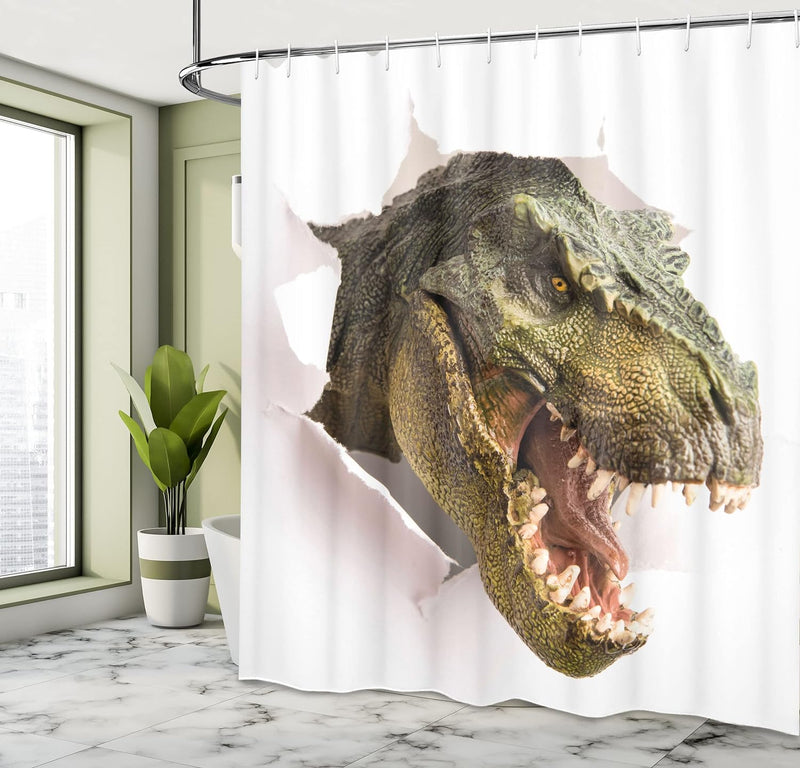 ABAKUHAUS Dinosaurier Duschvorhang, Dino zerreisst Papier, mit 12 Ringe Set Wasserdicht Stielvoll Mo