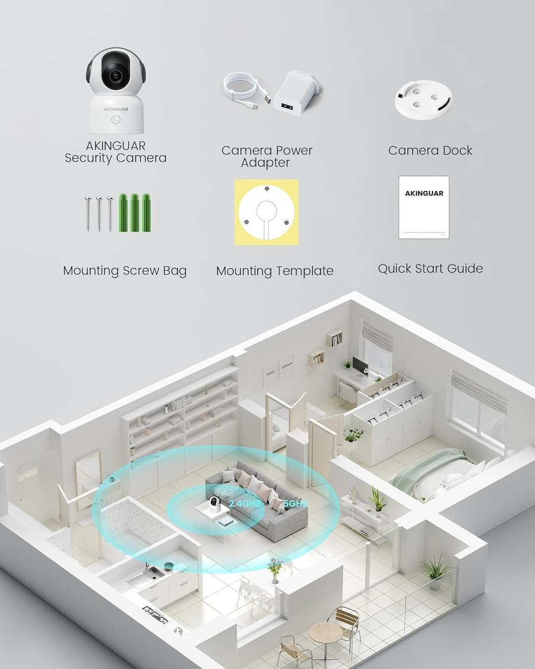 2K 3MP Überwachungskamera Innen, 2,4/5GHz WiFi,360° PT Innenkamera mit 32GB Karte,mit IR Nachtsicht,