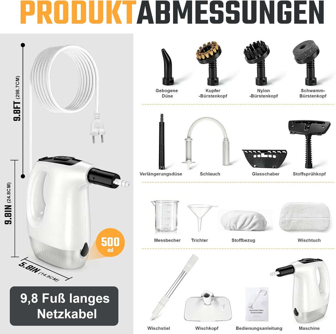 Dampfreiniger 12-in-1 mit abnehmbarem Teleskopstiel – 500ml Handdampfreiniger für Boden, Fliesen, Fe