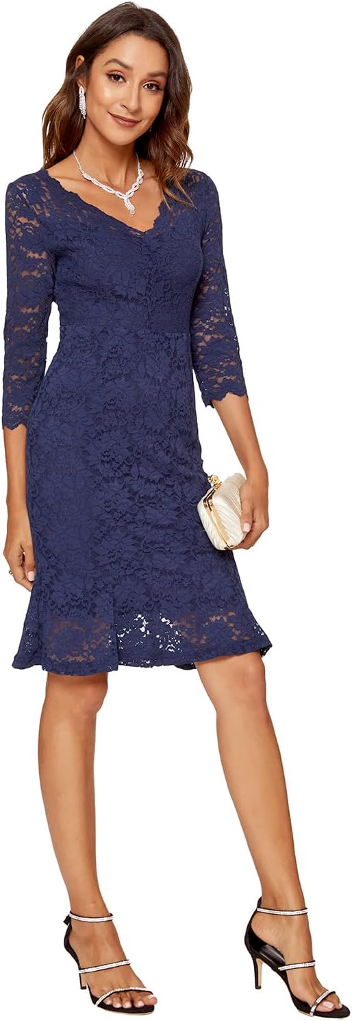 Atnlewhi Damen 3/4 Ärmel Kleid V-Ausschnitt Formeller Abend Bodycon Knielang Vintage Spitzenkleid El