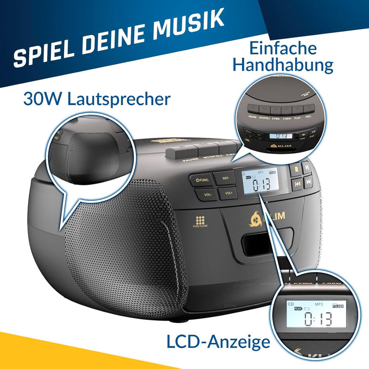 KLIM CD Player mit Kassette, Kassettenspieler, Kassettenrekorder, Radio mit CD und Kassette, CD Play