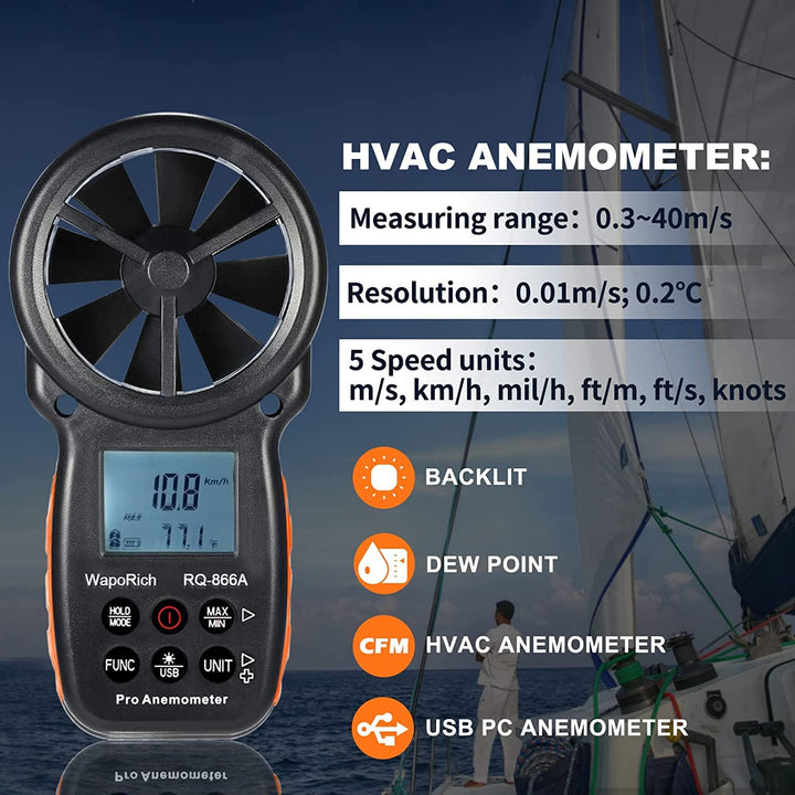 Handwindmesser RQ-866A Anemometer CFM mit USB-Anschluss an den PC zur Messung von Windgeschwindigkei