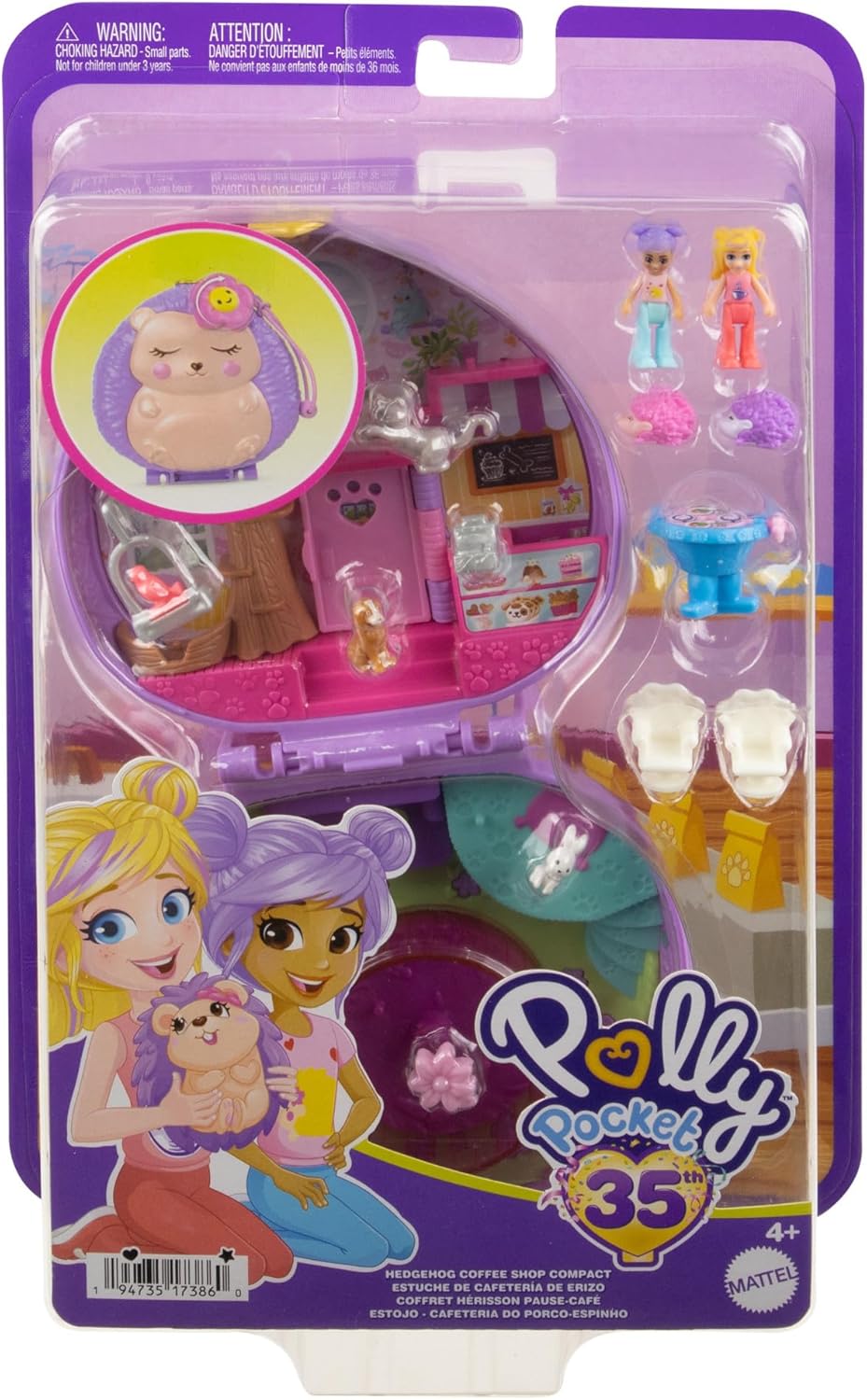 Polly Pocket Igel-Café Schatulle - Spielset mit 2 Puppen, 12 Accessoires und 9 Tieren, drehendes Ige