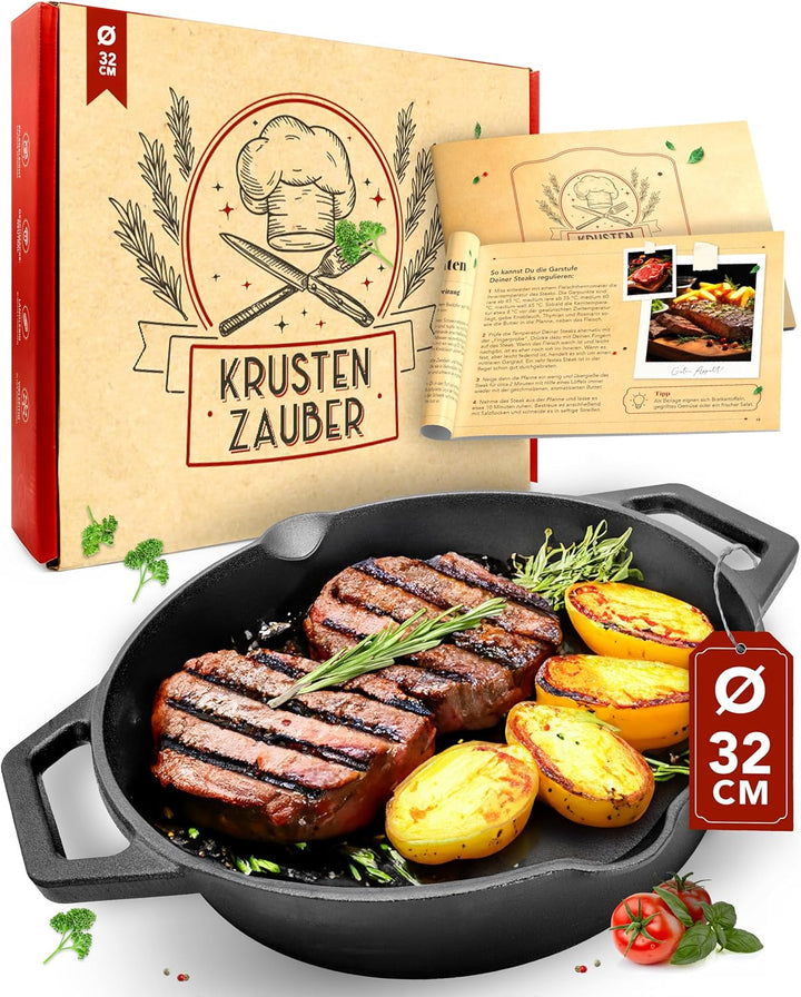 KRUSTENZAUBER Gusseisenpfanne Induktion 32cm Doppelgriff - inkl. Anleitung und Rezeptbuch - Geschlif