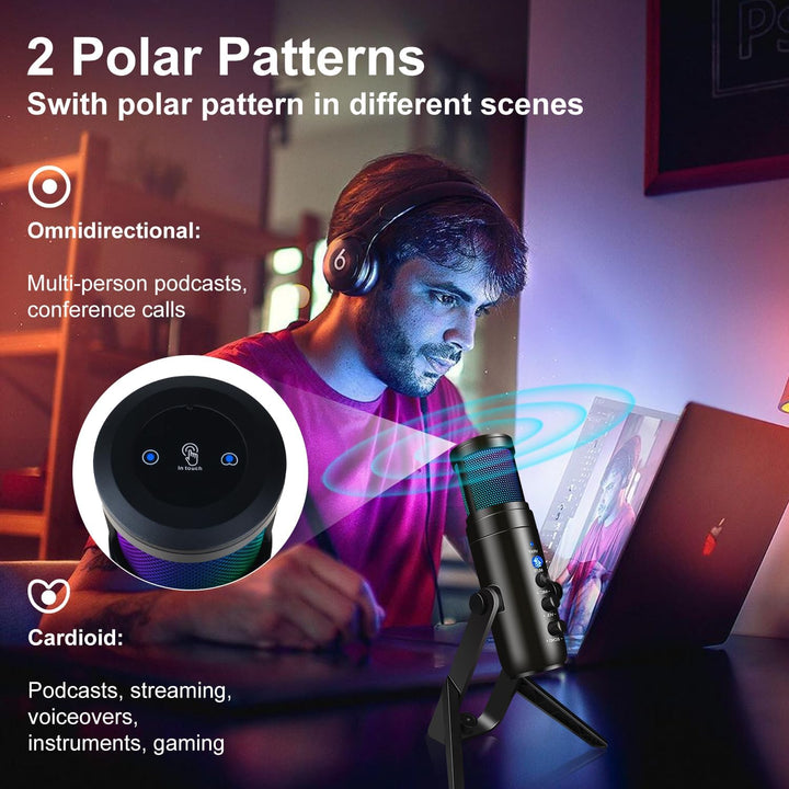 USB Mikrofon PC, Gaming Mikrofon für Streaming Podcast Voiceover, USB C Kondensator Mikrofon mit RGB