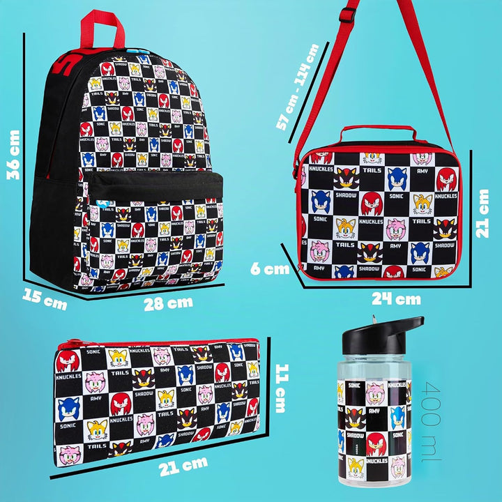 Get Trend Sonic THE Hedgehog Rucksack Kinder Jungen 4er Set mit Trinkflasche Kinder Federmäppchen Lu
