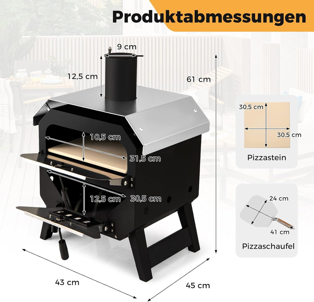 COSTWAY Outdoor Pizzaofen, Pizza Ofen mit Pizzaschaufel, Pizzastein, wasserdichter Abdeckung, Edelst