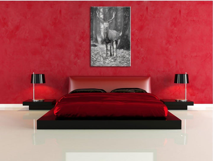 Pixxprint Schöner Hirsch im Wald als Leinwandbild/Grösse: 100x70 cm/Wandbild/Kunstdruck/fertig bespa
