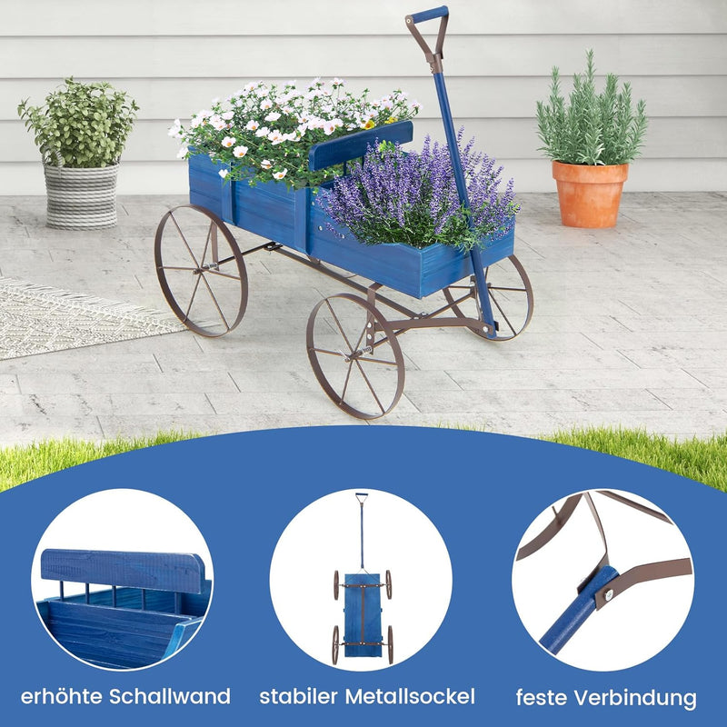 COSTWAY Blumenständer Holzwagen, Pflanzwagen Blumenwagen mit Rädern aus Metall, Blumenkasten Pflanze