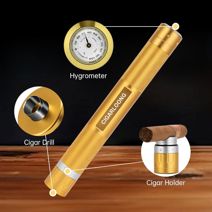 Zigarrenetui 3-in-1 Edelstahl Zigarrenrohr mit Hygrometer, Zigarrenpunsch und Zigarrenhalter, langle