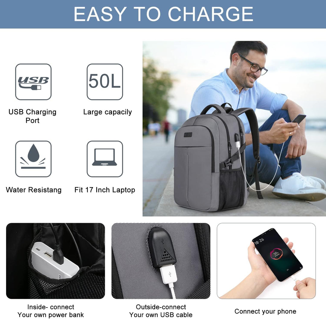 Laptop Rucksack Herren, Gross Arbeit Rucksack 17.3 Zoll Laptoptasche für Schule mit USB Ladeanschlus