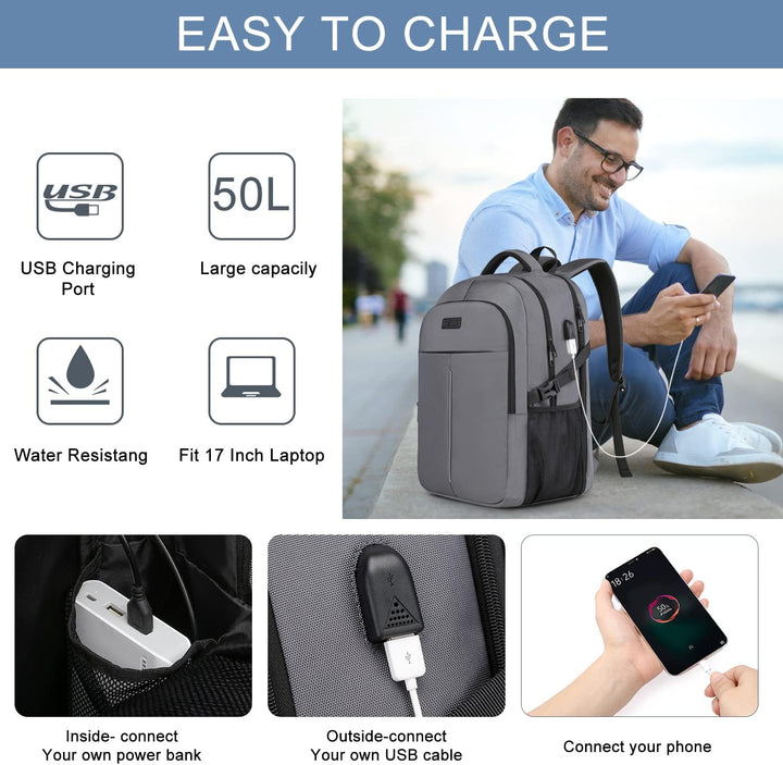 Laptop Rucksack Herren, Gross Arbeit Rucksack 17.3 Zoll Laptoptasche für Schule mit USB Ladeanschlus