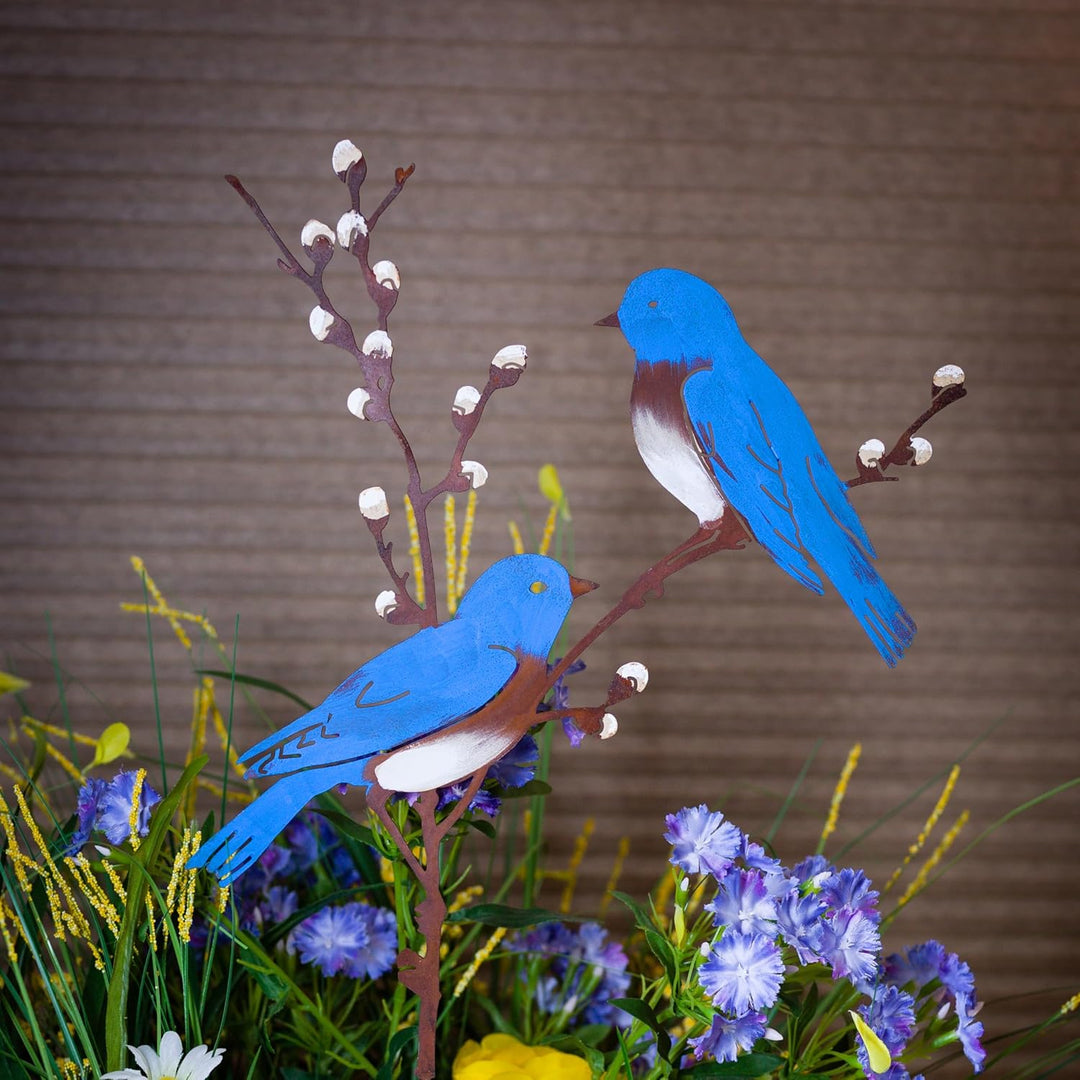 Vogel Gartenstecker 58cm Hoch Metall Bemalte Vogel Gartendeko für Draussen, Blaue Vögel auf Zweigen