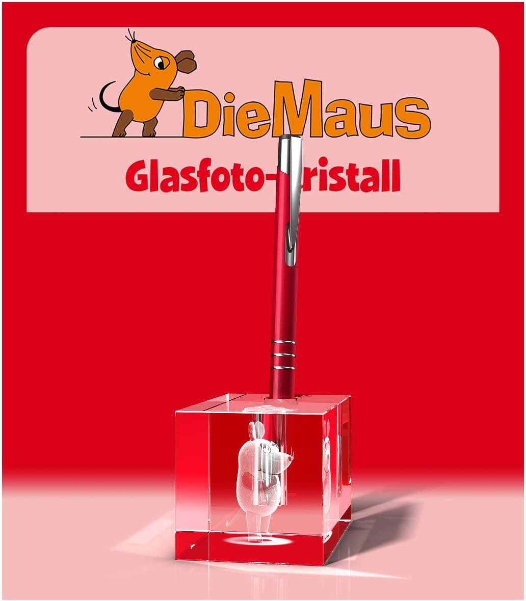 GLASFOTO.COM Original Die Sendung mit der Maus Stifthalter - Kristallglas mit 3D Innengravur - 80 x