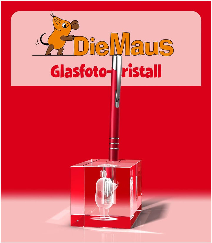 GLASFOTO.COM Original Die Sendung mit der Maus Stifthalter - Kristallglas mit 3D Innengravur - 80 x