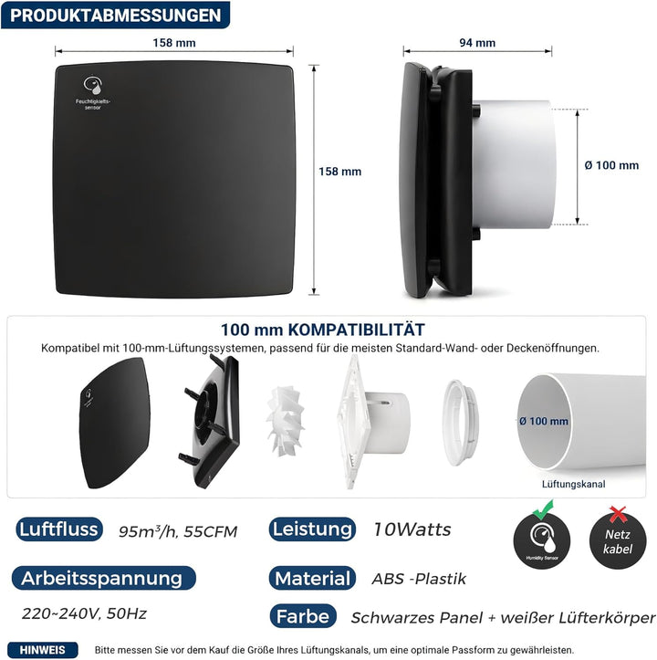 Hose Vary Schwarz Badlüfter 100mm, Leise Abluftventilator 12W 120m³/h Fensterventilator Abluft mit R