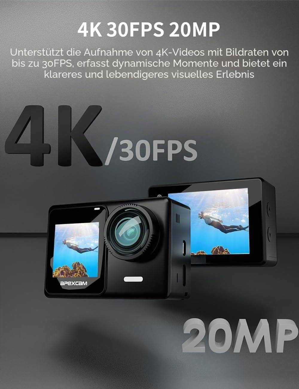 Apexcam 4K 30FPS 20MP Action Cam Dualscreen Touchscreen 40M wasserdichte Unterwasserkamera EIS Stabi