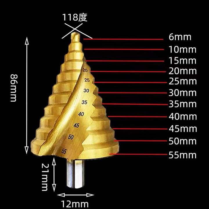 Hotiko HSS Stufenbohrer [12mm Schaft] Kegelbohrer Ø 6-55mm Schälbohrer ideal für Metall, Holz, Kunst