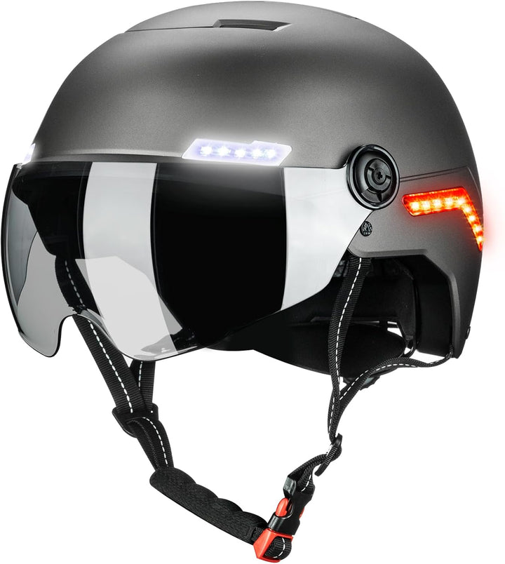 ILM Fahrradhelm Herren Damen mit Visier und LED Licht Beleuchtung Automatischem G-Sensor für Blinker